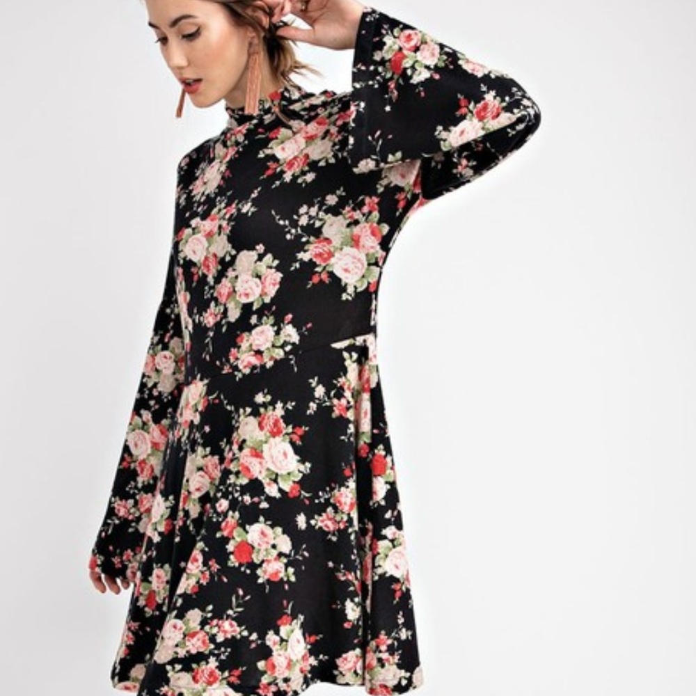 Easel Black Floral Print Mock Neck Soft Warm Dress - Picture 2 of 8